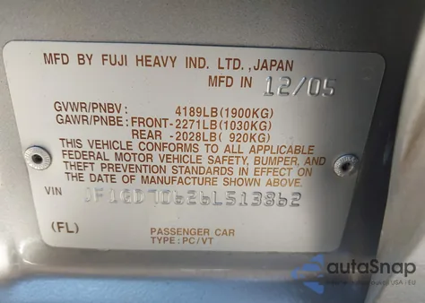 2006 Subaru Impreza from USA, damaged, VIN JF1GD70626L513862